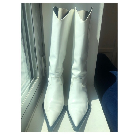 🦋 Helmut Lang Runway Tall White Patent Leather Cowboy Boots - Picture 2 of 5